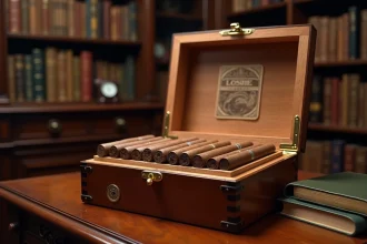 Humidor en bois ouvert sur un bureau en acajou révélant des cigares alignés et un hygromètre analogique, dans un bureau raffiné aux étagères sombres