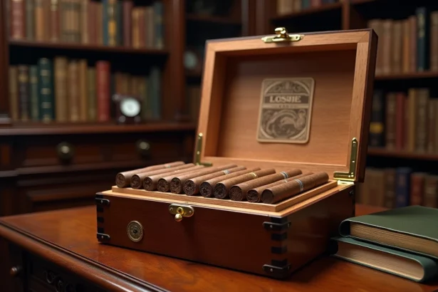 Humidor en bois ouvert sur un bureau en acajou révélant des cigares alignés et un hygromètre analogique, dans un bureau raffiné aux étagères sombres