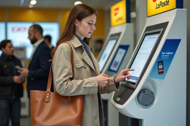 Une femme imprime un document confidentiel à un kiosque libre-service dans un bureau de La Poste en France