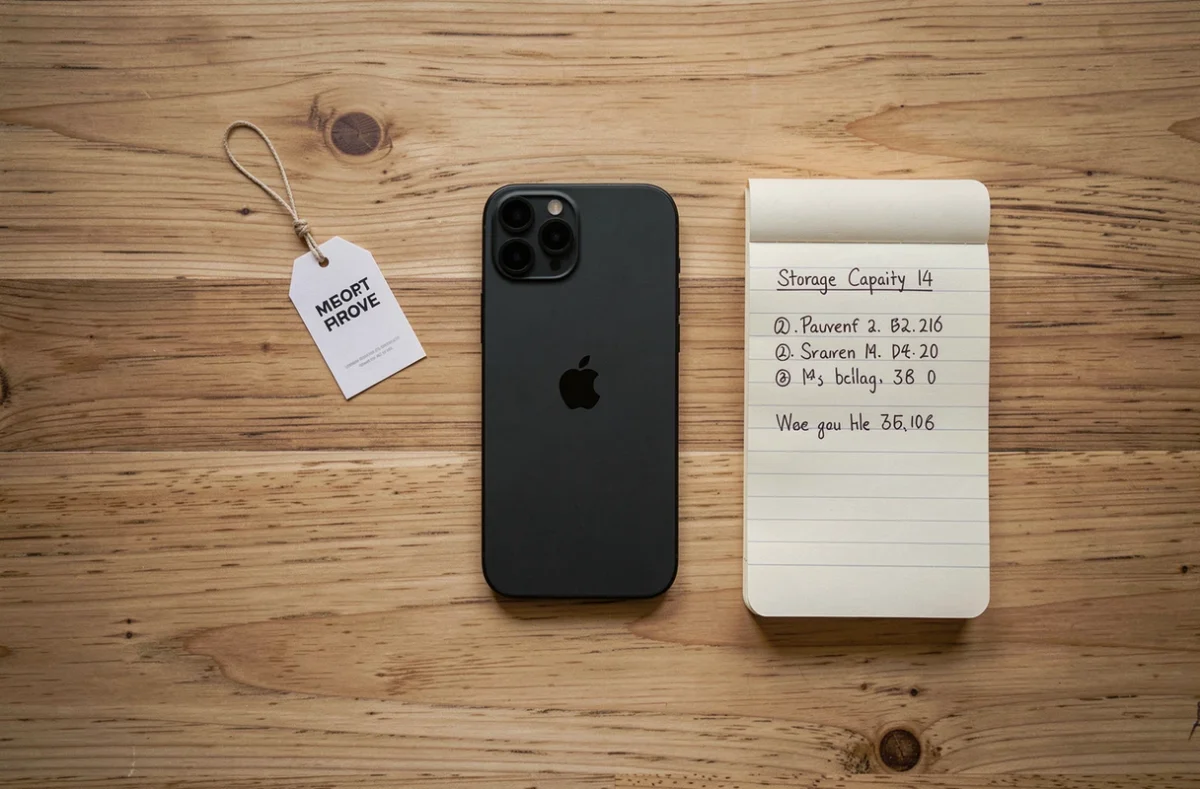 iPhone 14 noir posé sur une table en bois avec étiquette de prix et notes sur les capacités de stockage