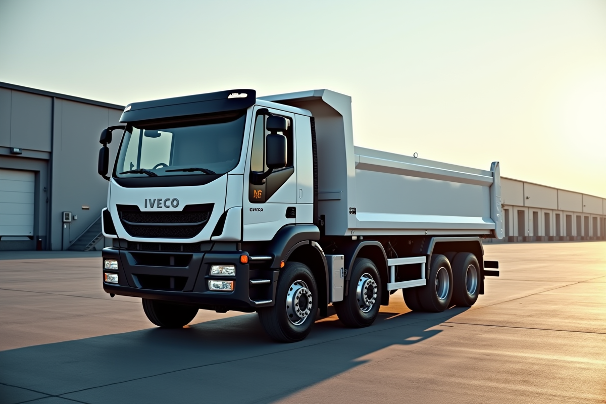 Camion Iveco benne blanc stationne en site industriel