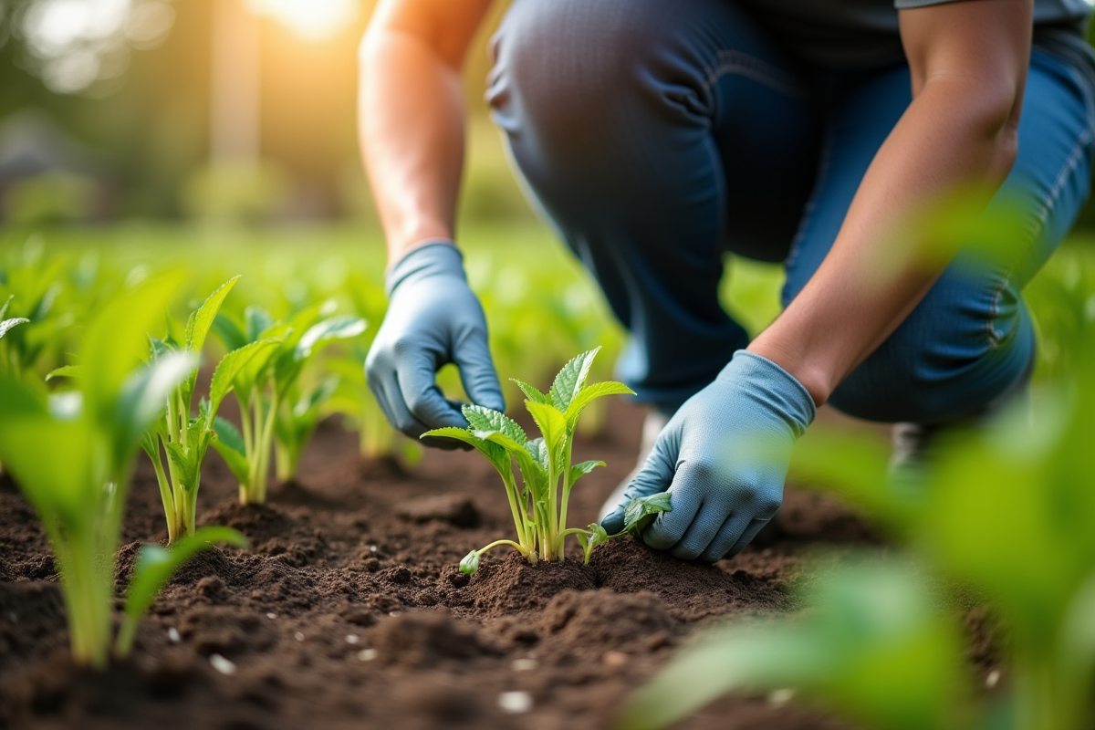 Personne appliquant un herbicide naturel dans un jardin