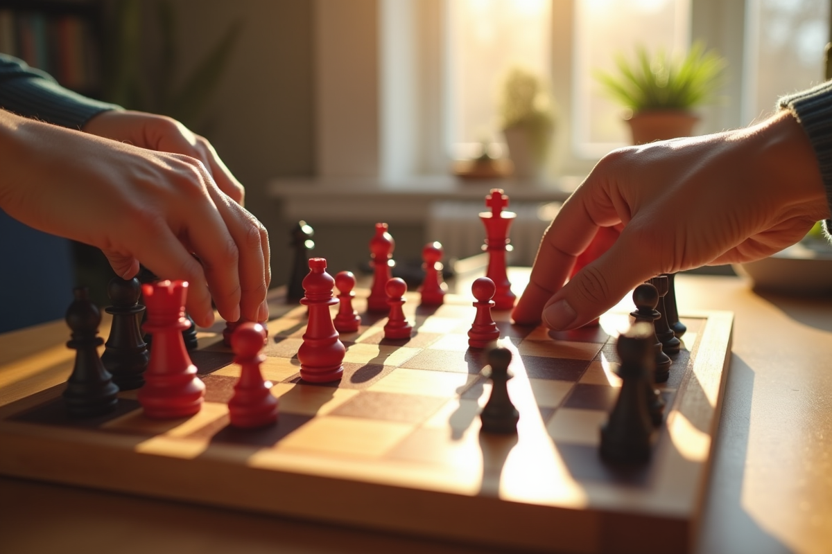 Plateau de jeu en bois moderne avec pièces rouges et noires en pleine partie