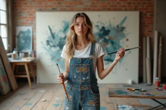Jeune artiste peintre femme hésitante devant une grande toile abstraite dans un atelier créatif