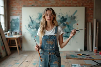 Jeune artiste peintre femme hésitante devant une grande toile abstraite dans un atelier créatif