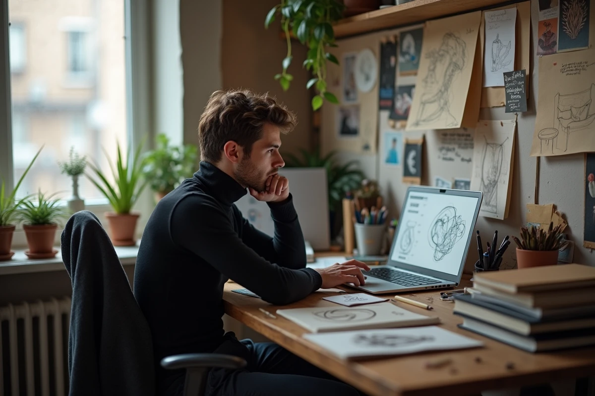 Jeune artiste masculin pensif dans son studio d'appartement entouré de croquis et de planches d'inspiration