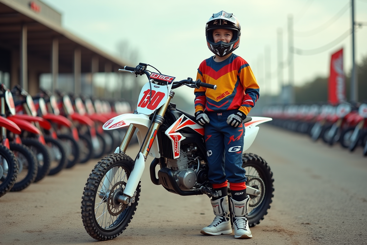 Jeune garçon en équipement motocross avec moto dans un concessionnaire