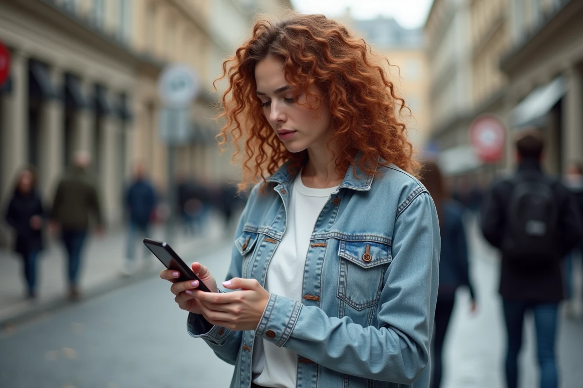 Jeune femme vérifiant une alerte de sécurité sur son téléphone dans une rue urbaine européenne