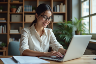 Jeune femme au bureau utilisant un ordinateur portable