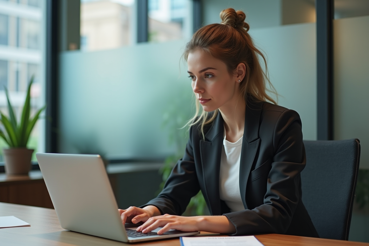 Jeune femme au bureau avec ordinateur portable moderne
