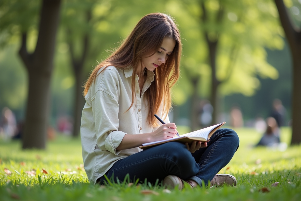 Jeune femme qui écrit dans un parc en plein air
