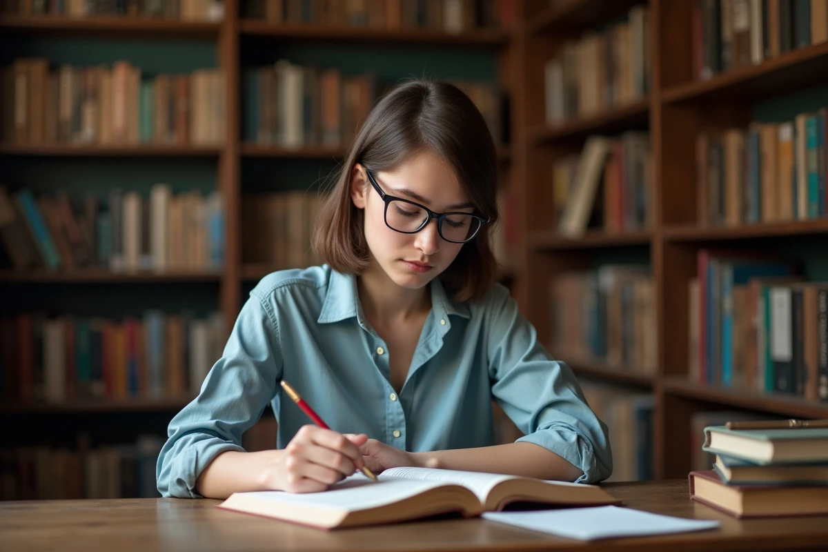 Jeune femme lisant un essai littéraire dans une bibliothèque