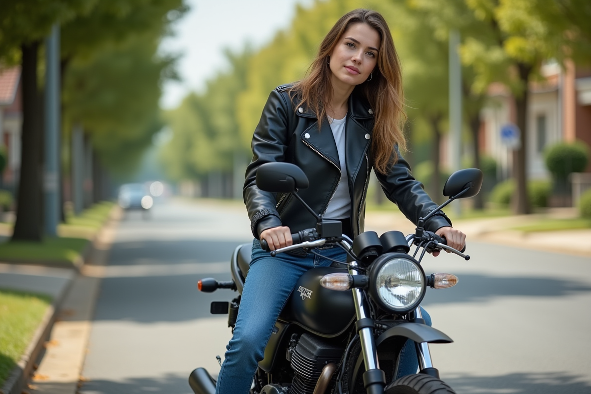 Jeune femme en moto casual sur une 125cc en extérieur