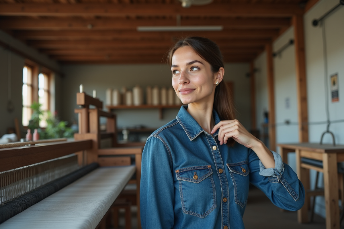 Jeune femme dans un atelier de textile avec machine à tisser
