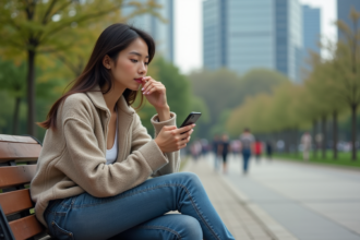 Jeune femme pensif assise sur un banc dans un parc urbain