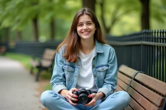 Jeune femme souriante avec appareil photo dans un parc