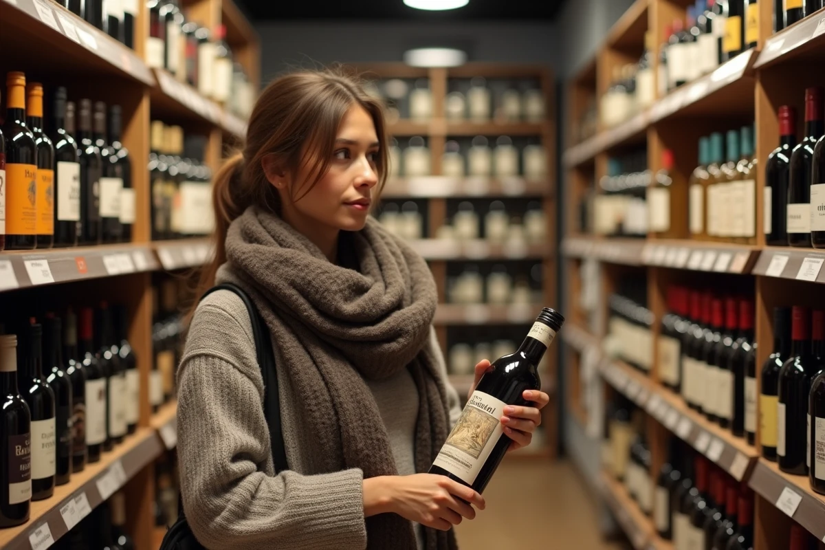 Jeune femme choisissant une bouteille de vin dans une épicerie