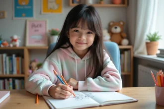Jeune fille dessinant un personnage kawaii dans sa chambre lumineuse