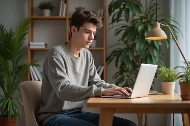 Jeune homme au bureau avec ordinateur portable dans un espace moderne