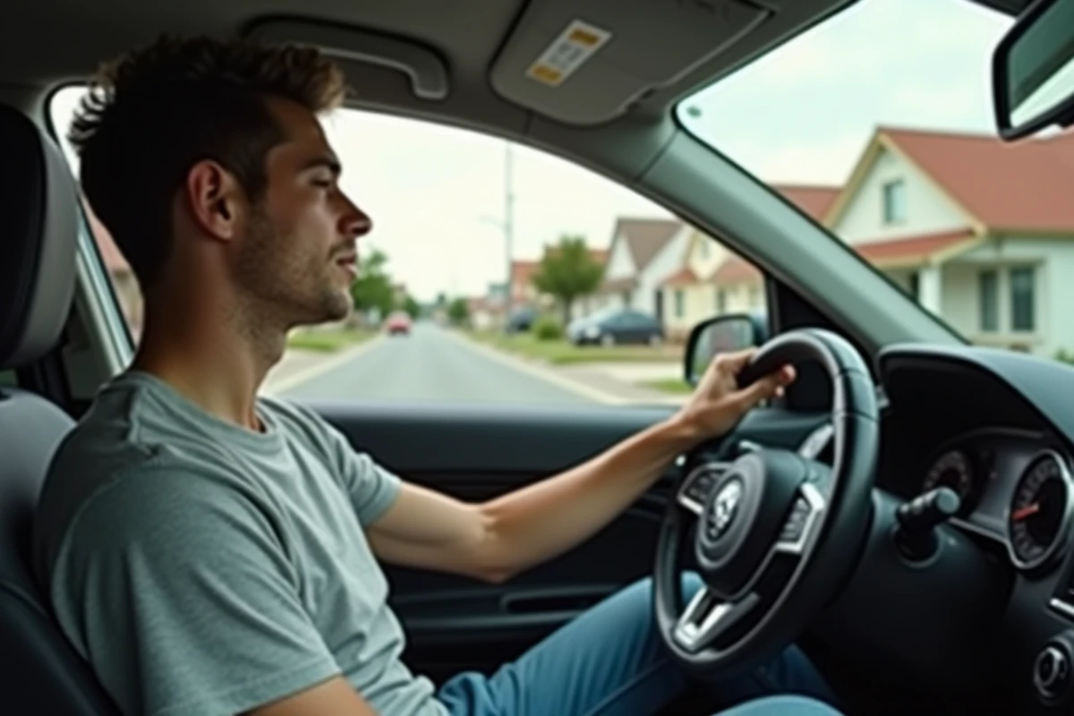 Jeune homme conduisant une voiture automatique en banlieue
