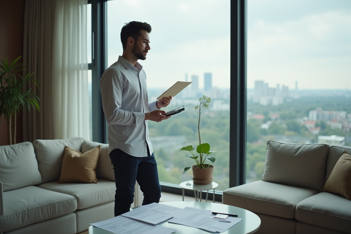 Jeune homme réfléchissant avec enveloppe et calculatrice