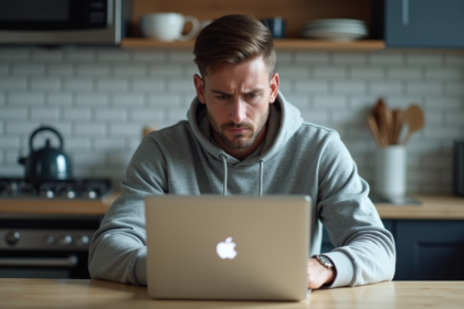 Jeune homme inquiet avec ordinateur dans la cuisine