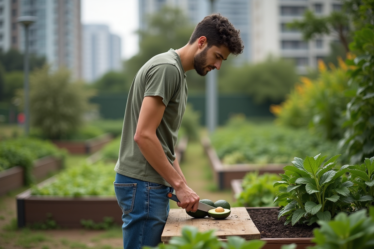 Jeune homme coupant un avocat dans un jardin communautaire