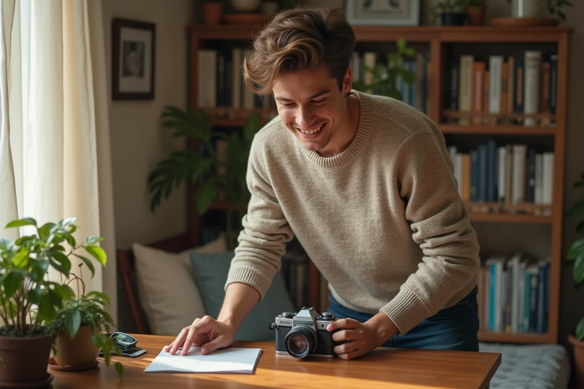 Jeune homme chargeant film dans un appareil photo