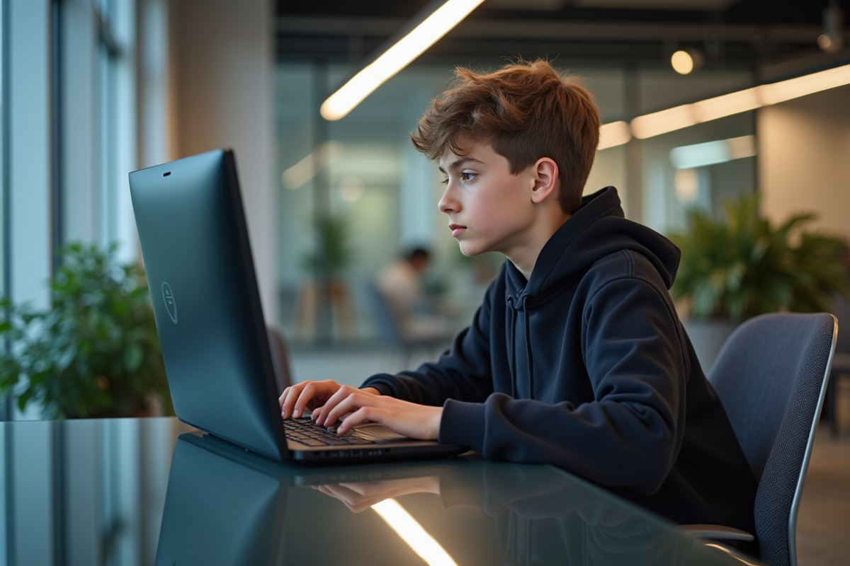 Adolescent se connectant sur un ordinateur dans un espace de travail