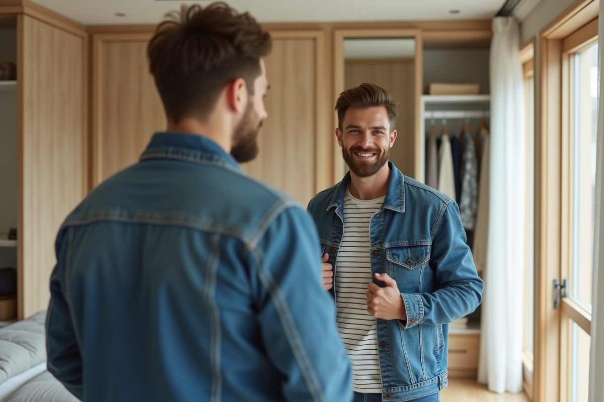 Jeune homme en denim dans une chambre lumineuse
