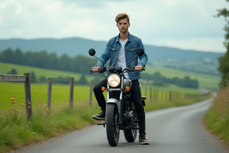 Jeune homme en denim sur moto 125cc en campagne