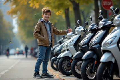 Jeune garçon en jeans et veste pointant sa moto préférée en ville