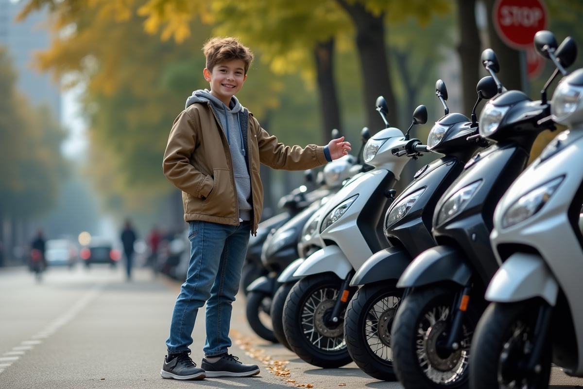 Jeune garçon en jeans et veste pointant sa moto préférée en ville