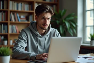 Jeune homme en hoodie regarde un ordinateur avec erreur