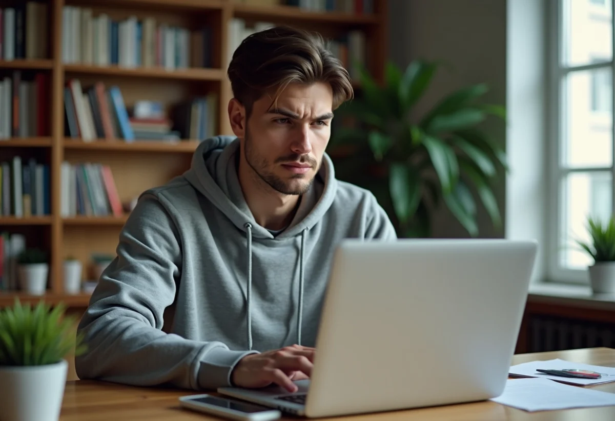 Jeune homme en hoodie regarde un ordinateur avec erreur
