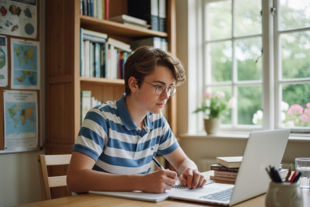 Jeune lyceen concentré à son bureau à la maison
