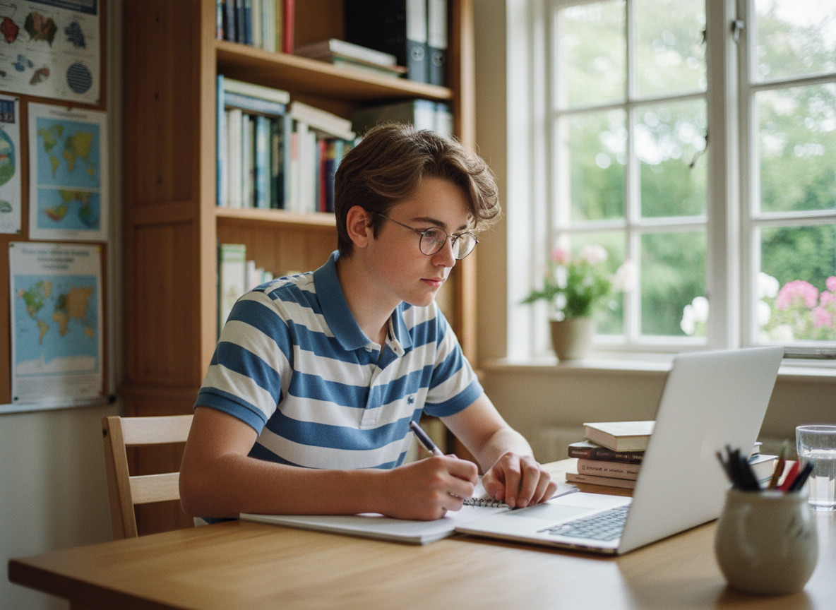 Jeune lyceen concentré à son bureau à la maison
