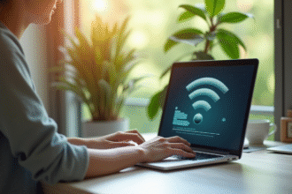 Jeune utilisant un ordinateur portable avec signal wifi fort dans un intérieur lumineux