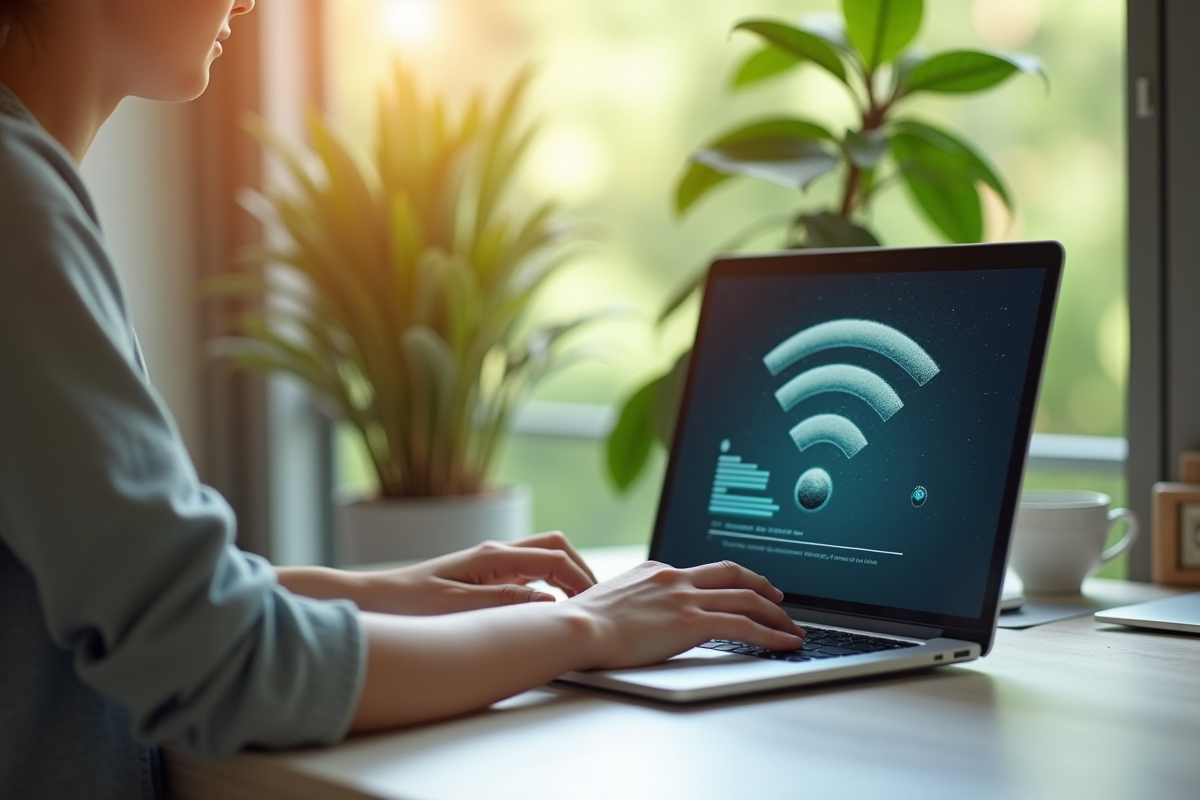 Jeune utilisant un ordinateur portable avec signal wifi fort dans un intérieur lumineux
