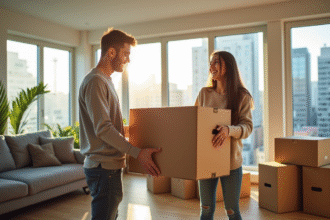 Jeunes adultes déballant des cartons dans un appartement lumineux