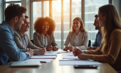 Groupe d'internes jeunes autour d'une table moderne en entreprise