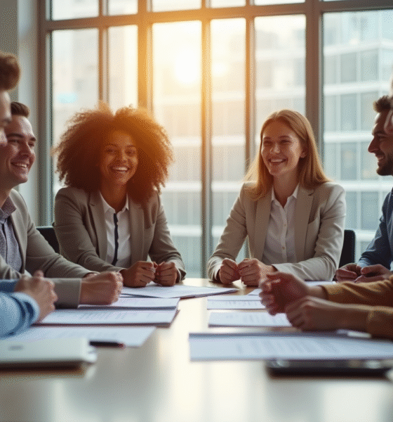 Groupe d'internes jeunes autour d'une table moderne en entreprise