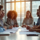 Groupe d'internes jeunes autour d'une table moderne en entreprise