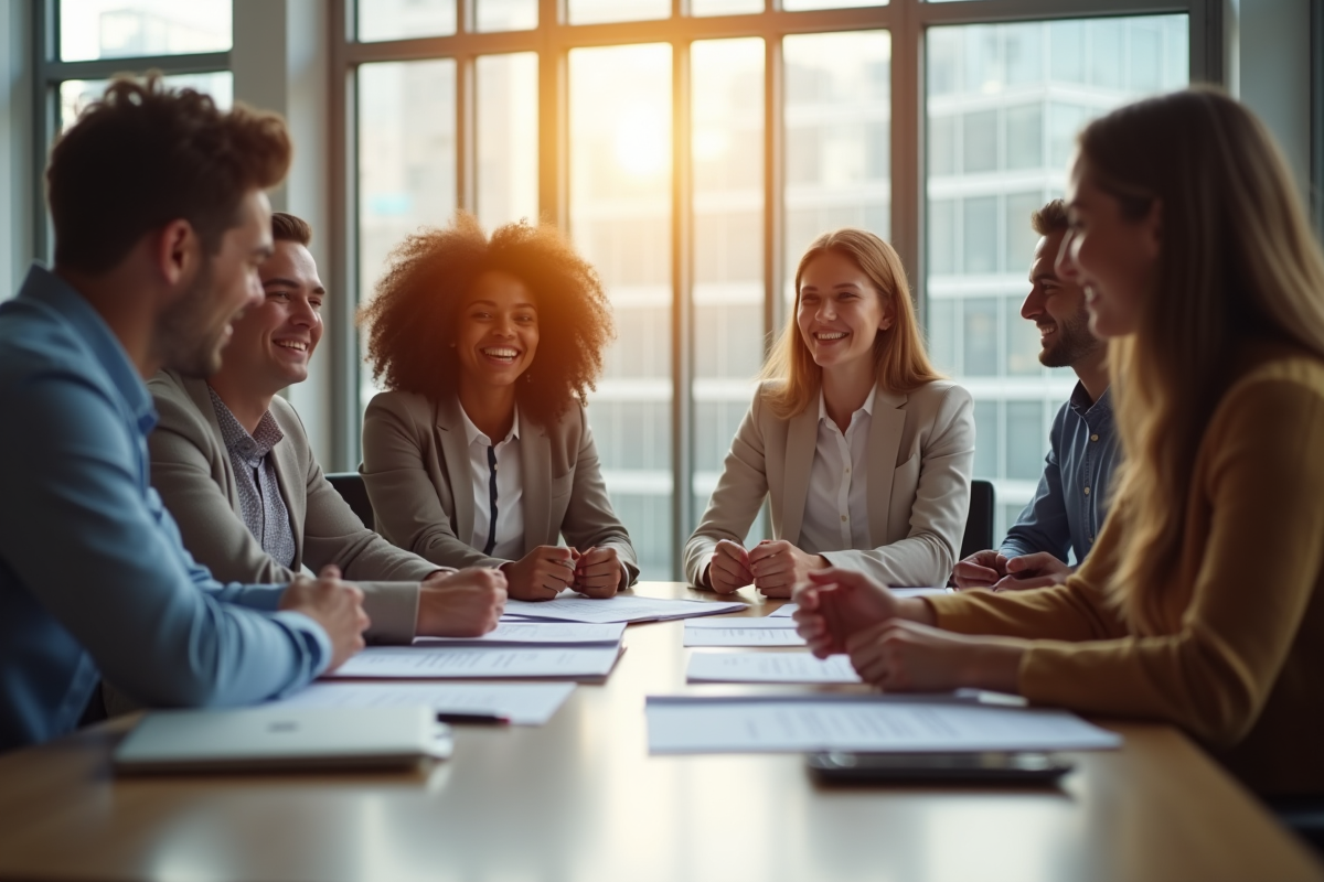 Groupe d'internes jeunes autour d'une table moderne en entreprise