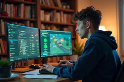 Joueur de Dofus analysant le portail de vente et les données de marché sur deux écrans dans un bureau à domicile