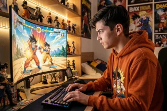 Jeune joueur passionné devant un écran de jeu vidéo Dragon Ball Z dans une chambre gamer décorée de figurines et posters anime