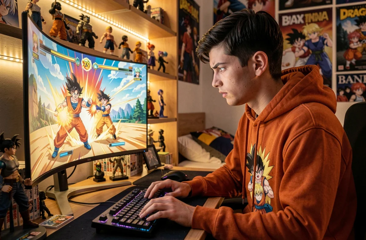 Jeune joueur passionné devant un écran de jeu vidéo Dragon Ball Z dans une chambre gamer décorée de figurines et posters anime