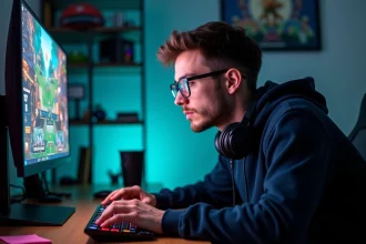 Joueur concentré devant son écran affichant une interface de stratégie TFT avec des compositions de personnages colorés