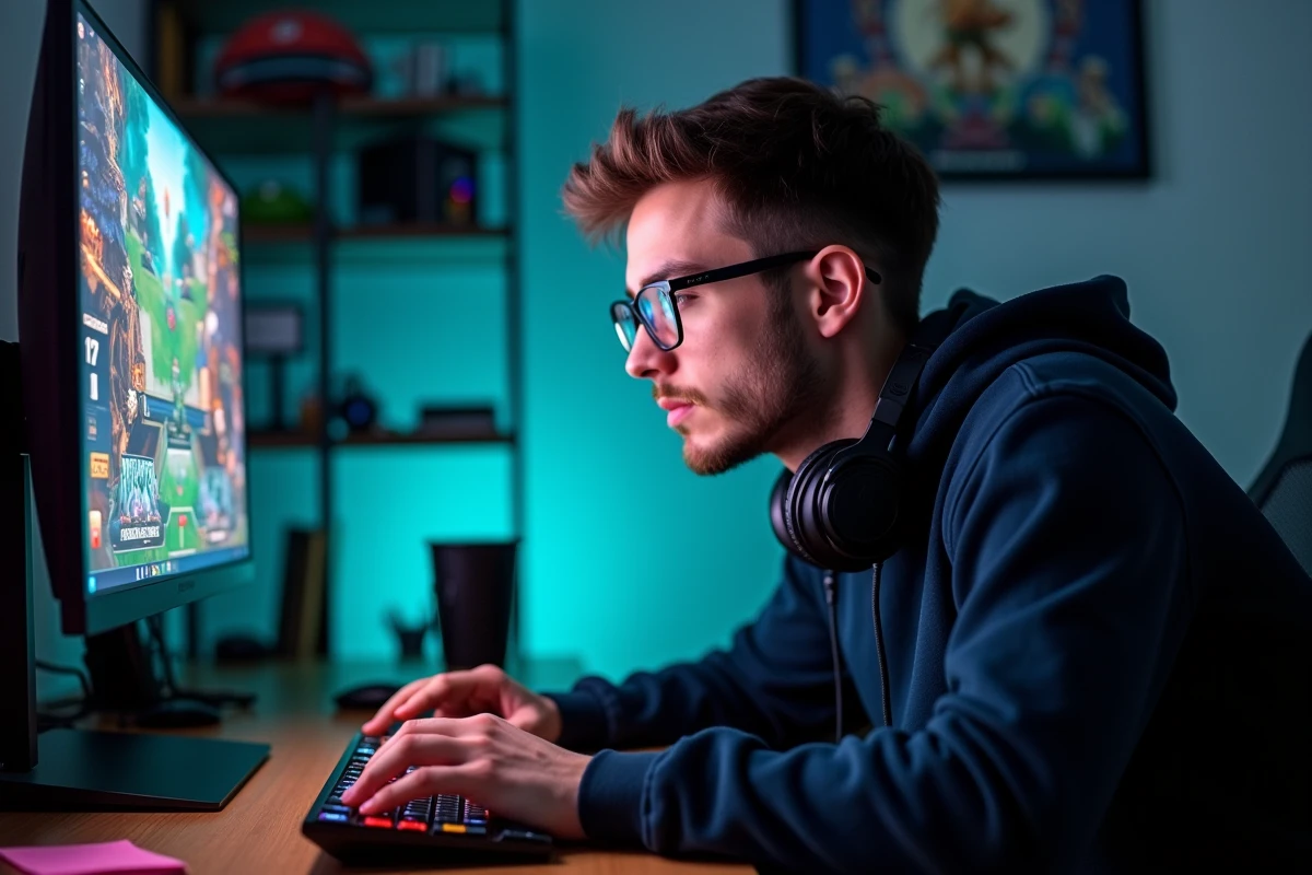 Joueur concentré devant son écran affichant une interface de stratégie TFT avec des compositions de personnages colorés