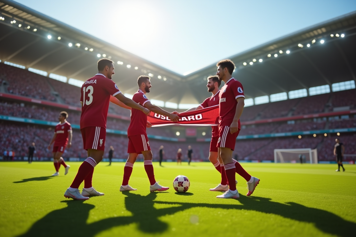 Joueurs de football échangeant des écussons sur le terrain